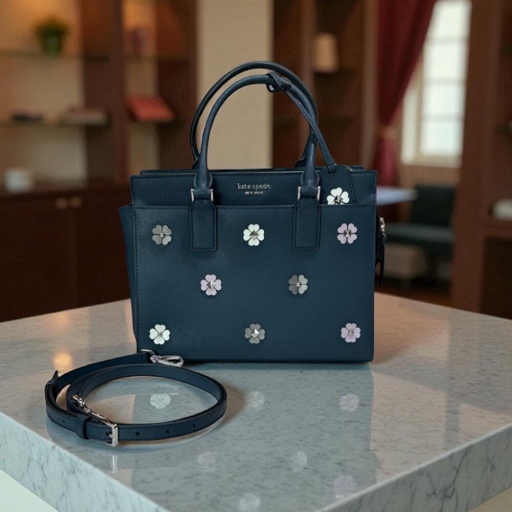 Kate Spade Cameron Flower Navy Medium Satchel with Crossbody strap